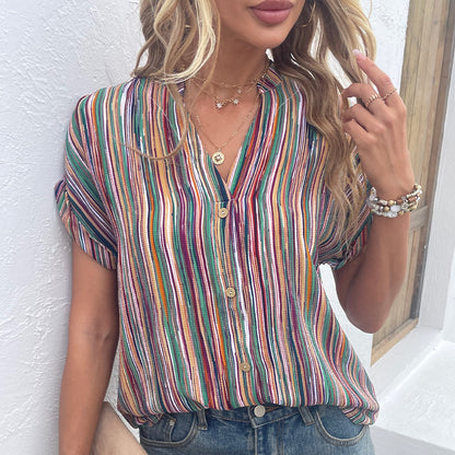 Women's Casual Color Striped Button Short Sleeve Shirt