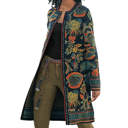Retro Printed Fashion Long Coat Overcoat Women