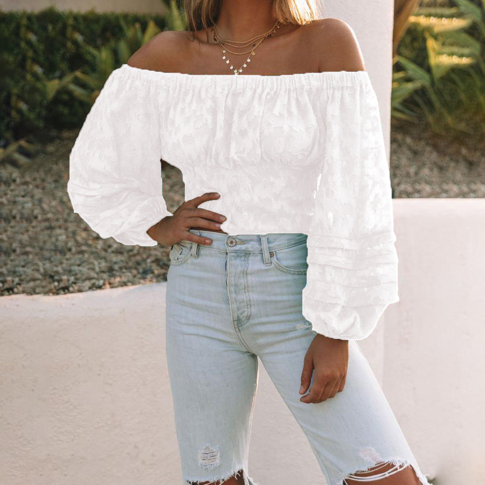 One Word Neck Bubble Long-Sleeved Lace Shirt