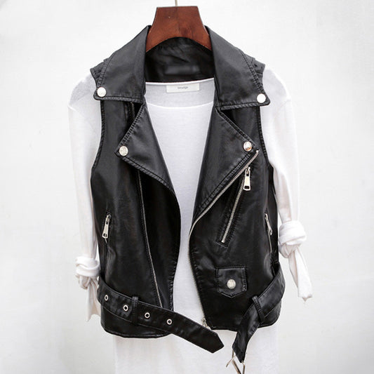 Sleeveless leather PU belt coat