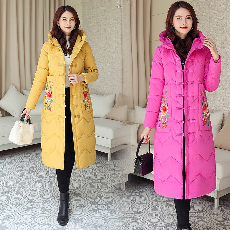 Winter New Vintage Cotton-padded Jacket Ethnic Embroidery Ladies Below The Knee Cotton Clothes