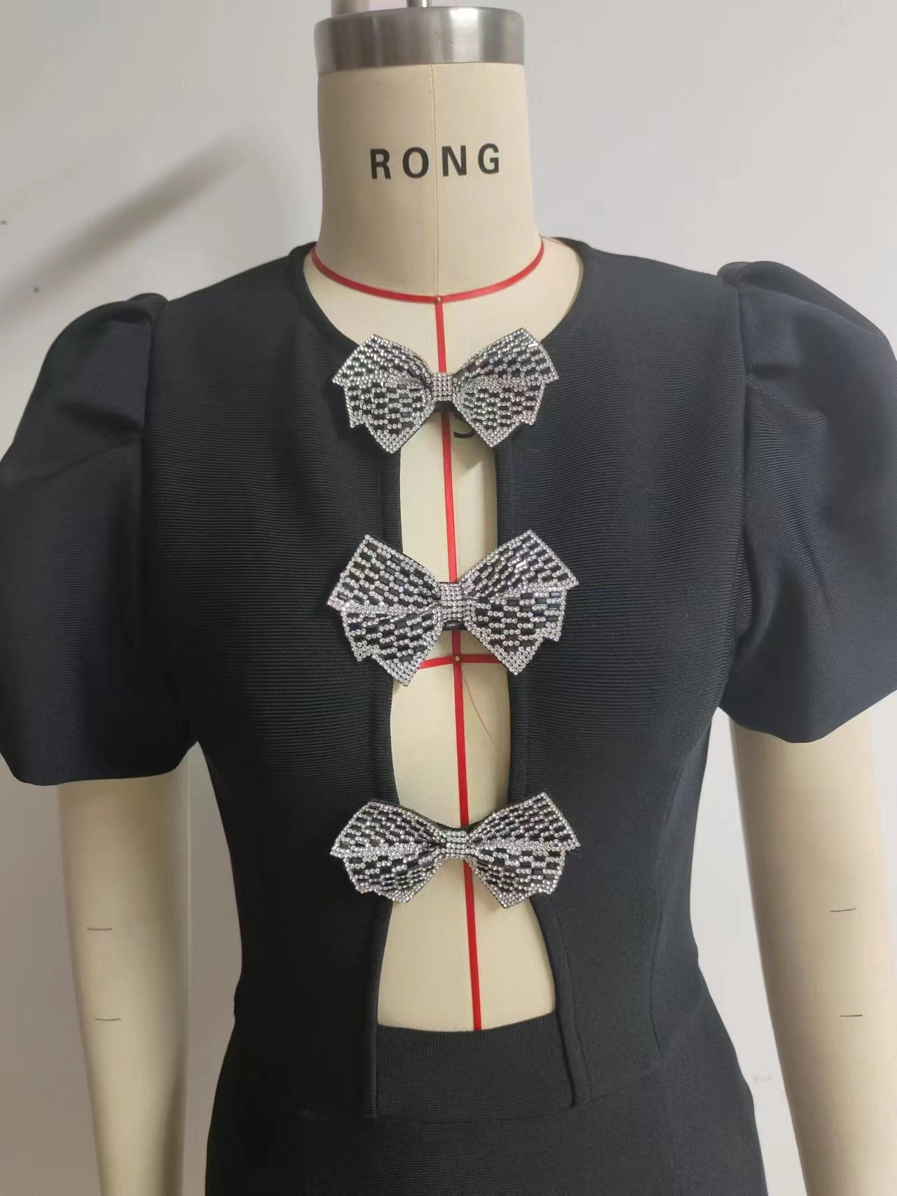 Tube Top Three Bowknot Connection Hollowed Fashion Puff Sleeve Sheath Bandage One-piece Dress