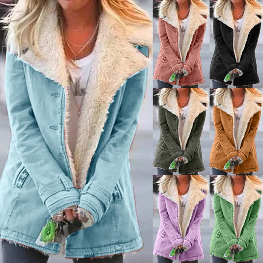 Women Plus Size Warm Coats Composite Plush Button Lapels Jacket Outwearcoat