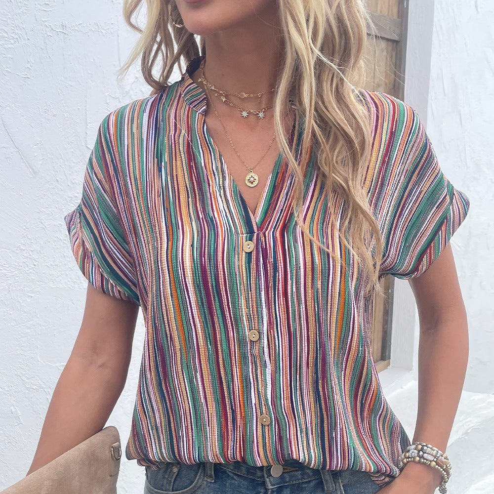 Women's Casual Color Striped Button Short Sleeve Shirt