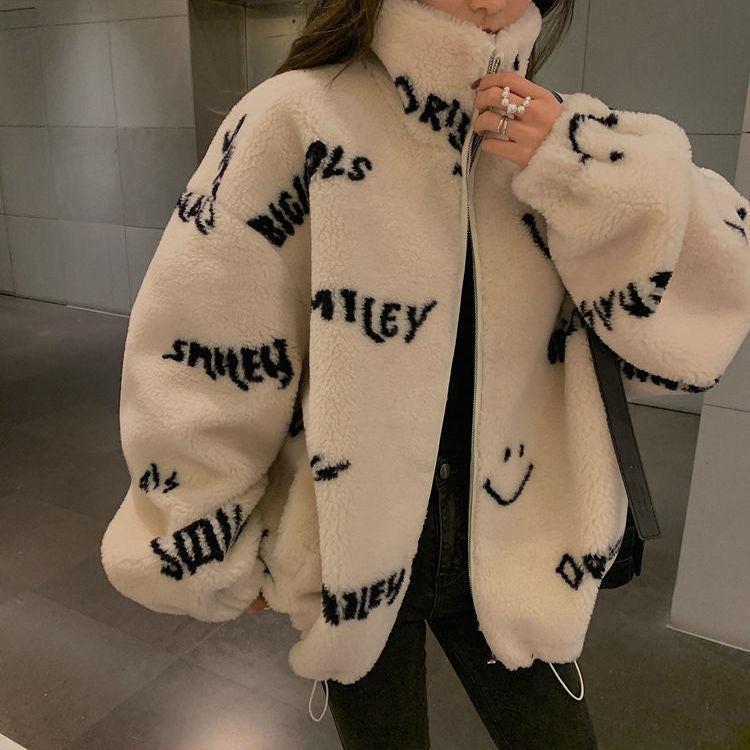 Plush Thick Letters Loose Fashion Korean Style Plush Jacket