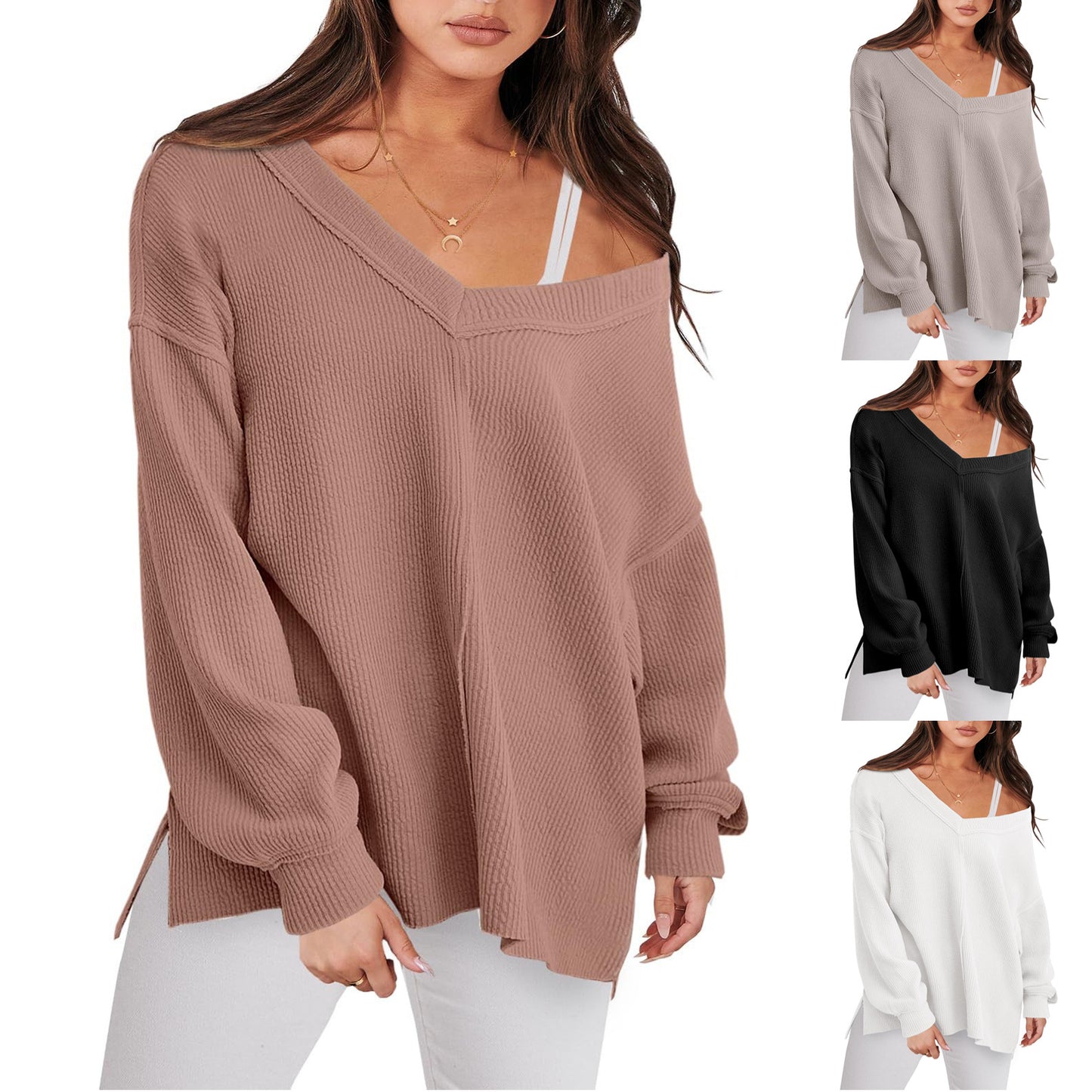 Fashion Lightweight V-neck Sweaters Women Casual Long Sleeve Ribbed Knit Side Slit Pullover Top