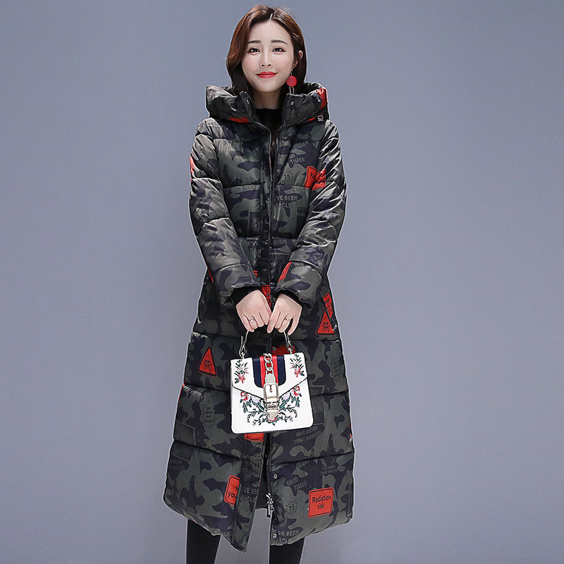 Women's long quilted jacket over the knee in winter
