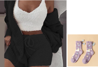Home Wear Female Soft Warm Long Sleeve Exposed Navel Vest Shorts Set