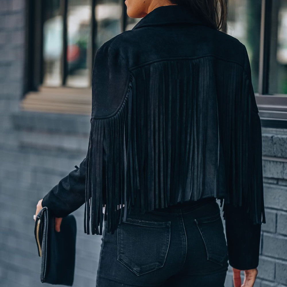 Women's Slim Top Long Sleeve Printed Tassel Jacket