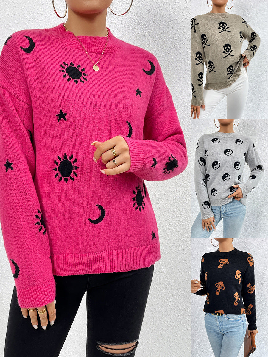 Jacquard Crewneck Pullover Knitted Sweaters For Women Casual Skull Halloween Sweater Autumn And Winter Tops
