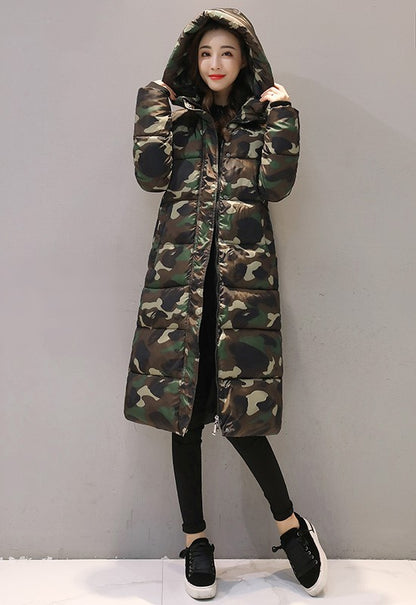 Women's long quilted jacket over the knee in winter