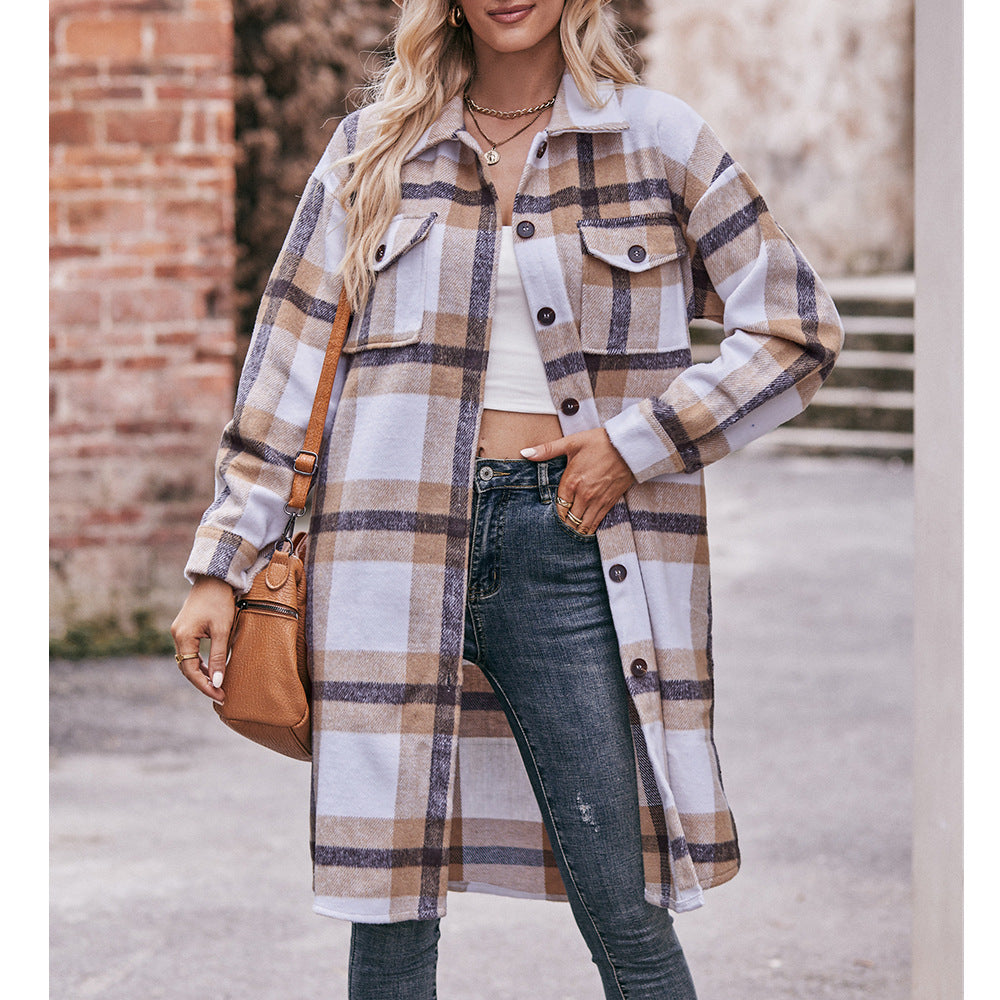 Casual Flannel Plaid Shirt Long Coat