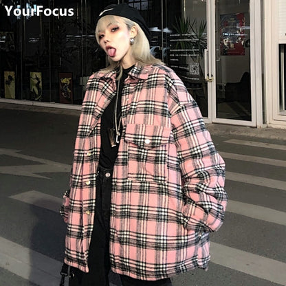 Streetwear Punk Vintage Pink Plaid Loose Winter Women Jackets