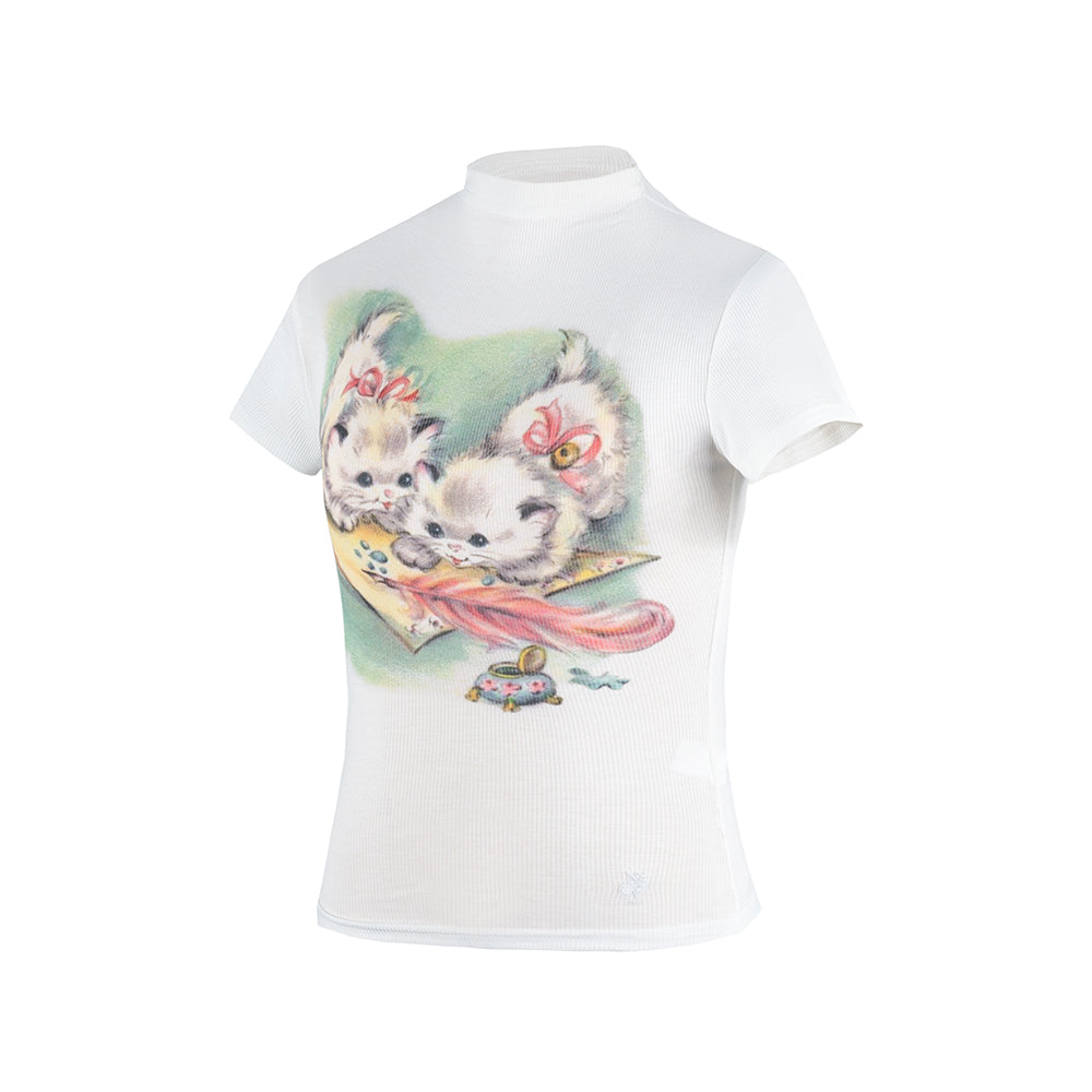 Three-color Glue-free White Ink Printing Cat T-shirt