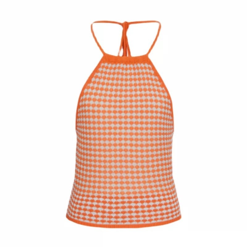 Ladies Sleeveless Knitted Check Lace Vest Camisole Top