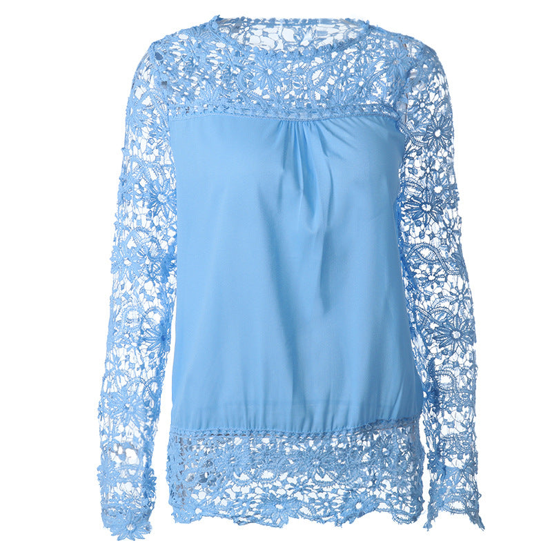 Chiffon Shirt Women's Long-sleeved Hollow Flower Lace Casual Top