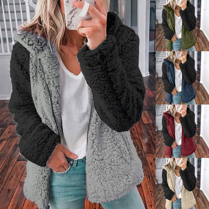 Multi Panel Hooded Plush Autumn Winter Coat