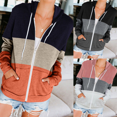 Long Sleeve Color Contrast Hoodie Women's Zipper Pocket Cardigan Jacket