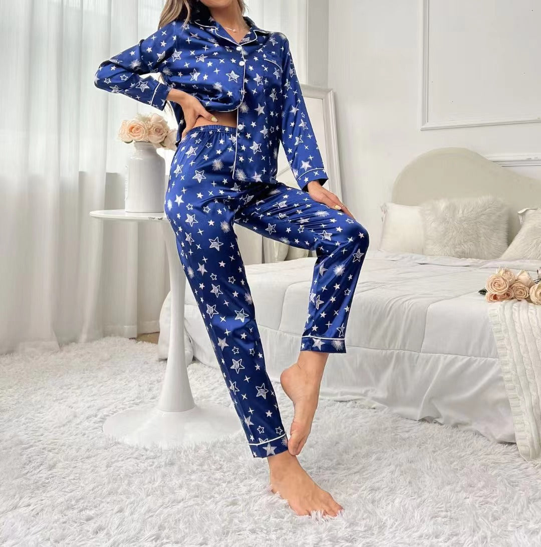 Pajamas Women's Sweet Luxury 5050 Artificial Silk Lapel Long Sleeve Trousers Home Wear Two-piece Suit