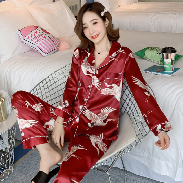 Spring And Autumn Pajamas Women's Artificial Ice Silk Trousers Loose Homewear Suit