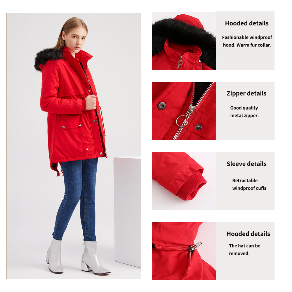 Autumn And Winter Women's Clothing Large Fur Collar Cotton Coat Women's Fleece-lined Thickened Detachable Hat Warm Coat