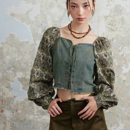 French Floral Long Sleeve Retro Lace-up Denim Shirt