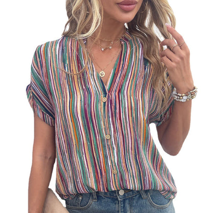 Women's Casual Color Striped Button Short Sleeve Shirt