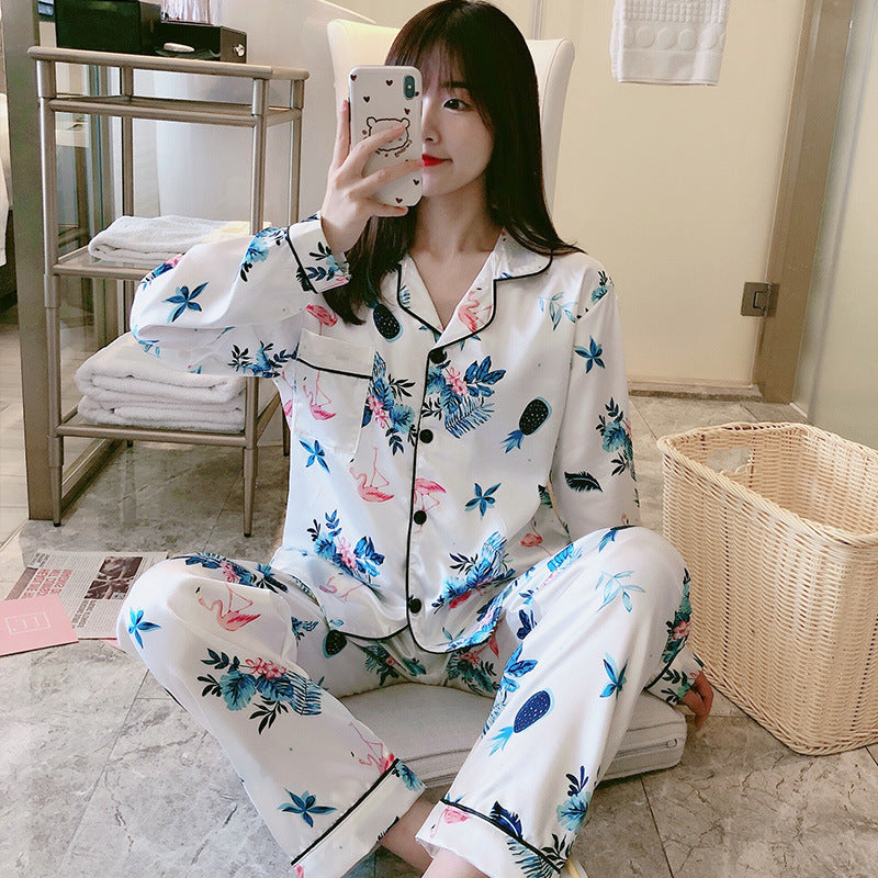 Pajamas Women's Sweet Luxury 5050 Artificial Silk Lapel Long Sleeve Trousers Home Wear Two-piece Suit