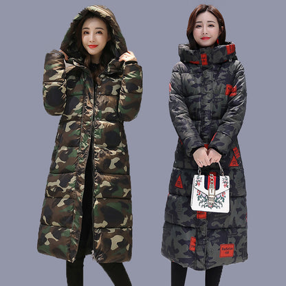 Women's long quilted jacket over the knee in winter