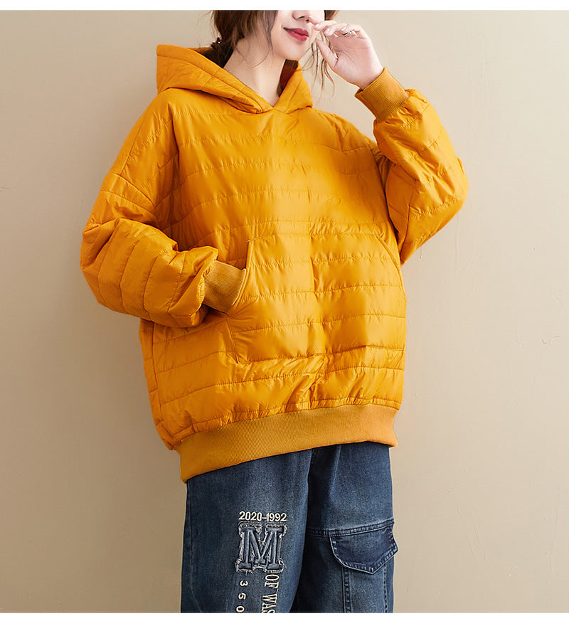Winter New All-match Preppy Style Solid Color Hooded Loose Long-sleeved Cotton Jacket Jacket Women