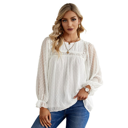 New Solid Color Jacquard Back Lace Lantern Sleeve Blouse Women