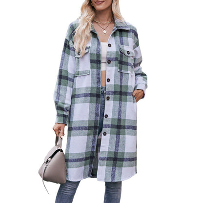 Casual Flannel Plaid Shirt Long Coat