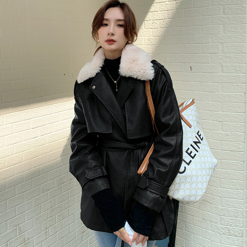Coffee Colored Leather Coat Women's Plush Thickened Medium Long Style