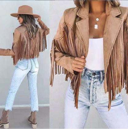 Women's Slim Top Long Sleeve Printed Tassel Jacket