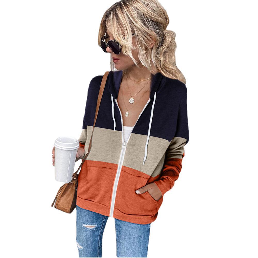 Long Sleeve Color Contrast Hoodie Women's Zipper Pocket Cardigan Jacket