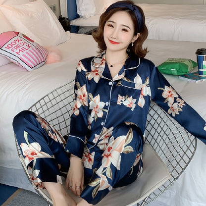 Spring And Autumn Pajamas Women's Artificial Ice Silk Trousers Loose Homewear Suit