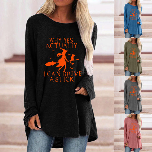 Halloween Witch Letter Print Loose Long Sleeve T-Shirt