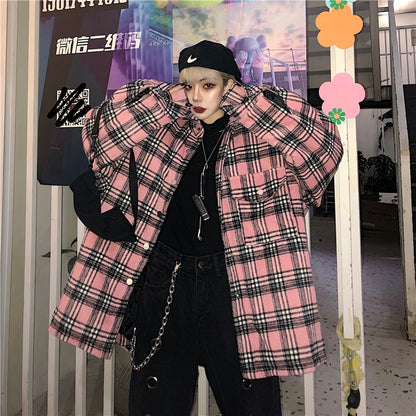 Streetwear Punk Vintage Pink Plaid Loose Winter Women Jackets