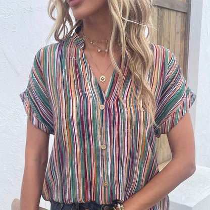 Women's Casual Color Striped Button Short Sleeve Shirt