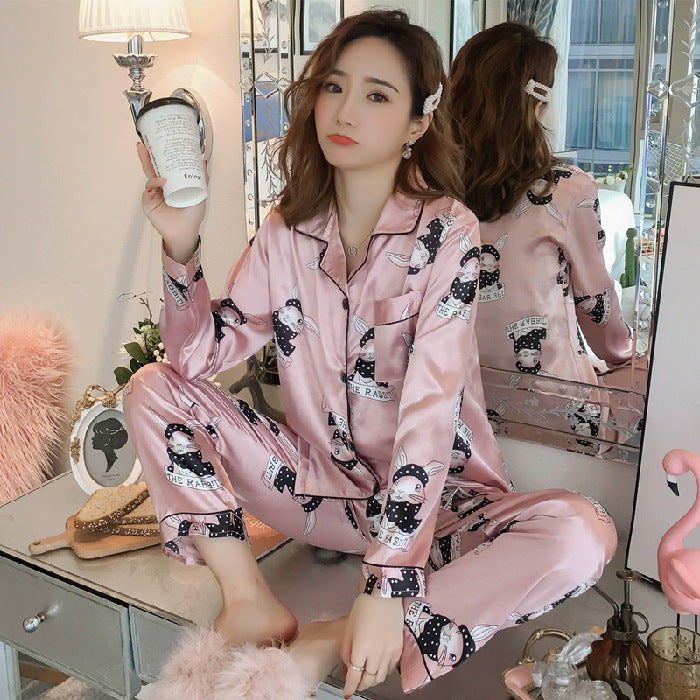 Spring And Autumn Pajamas Women's Artificial Ice Silk Trousers Loose Homewear Suit