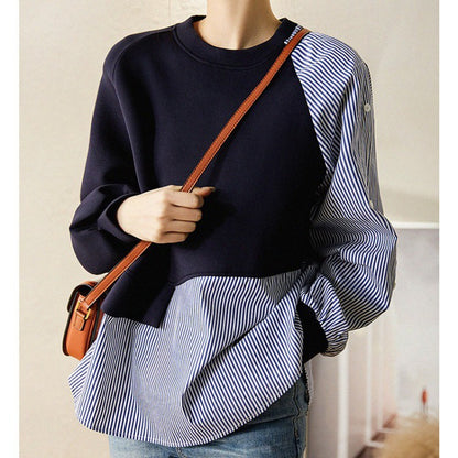 Women's Fashion Commuter Loose Air Layer Round Neck Stripes Patchwork Sweater