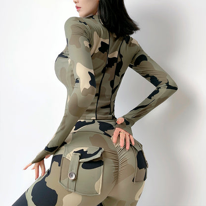 Camouflage Sports Top Women Standing Tie Zipper Yoga Clothes Spring Long Sleeves