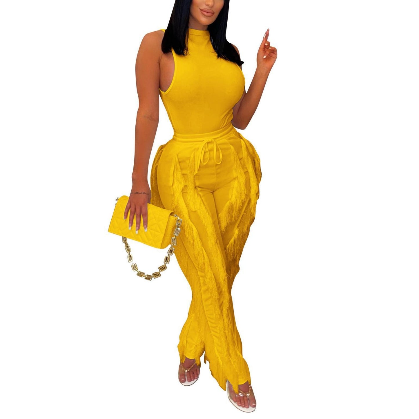 Women's Two-piece Set Tassel Lace Sleeveless Casual Trousers Suit