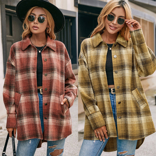 Single Breasted Plush Check Shirt Jacket Top Ladies