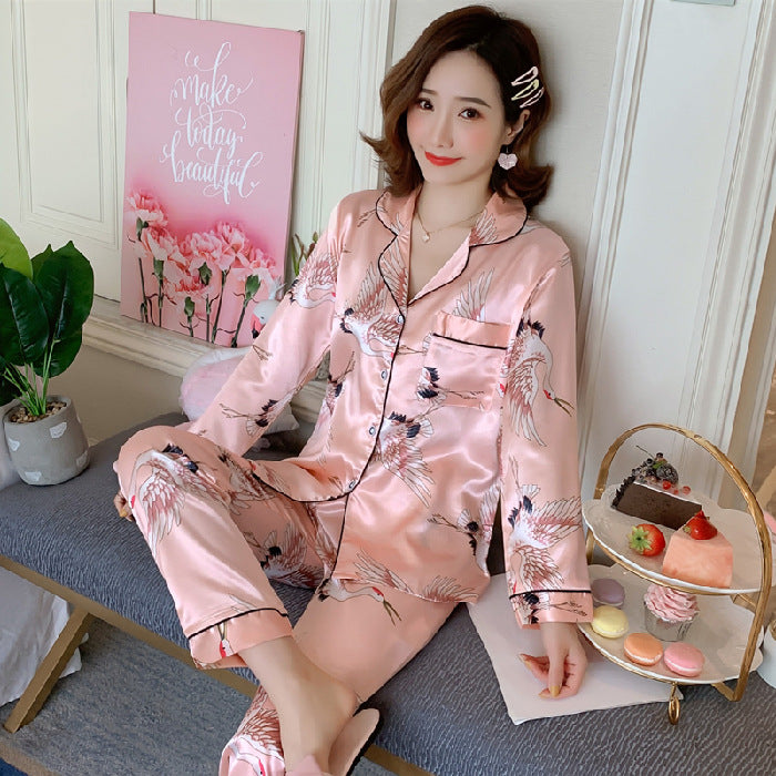 Spring And Autumn Pajamas Women's Artificial Ice Silk Trousers Loose Homewear Suit