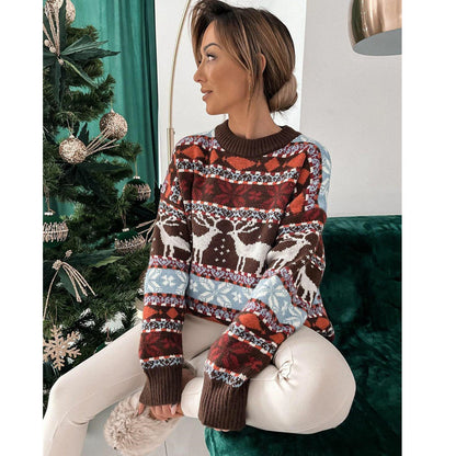 Women's Fashion Round Neck Loose Christmas Theme Jacquard Long Sleeve Sweater