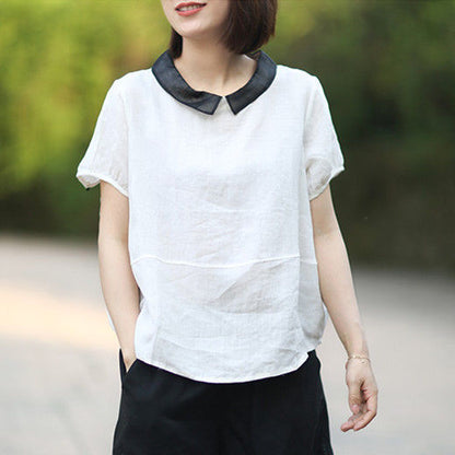 Women's Fashion Casual Loose Cotton And Linen Short Sleeve Stitching Shirt