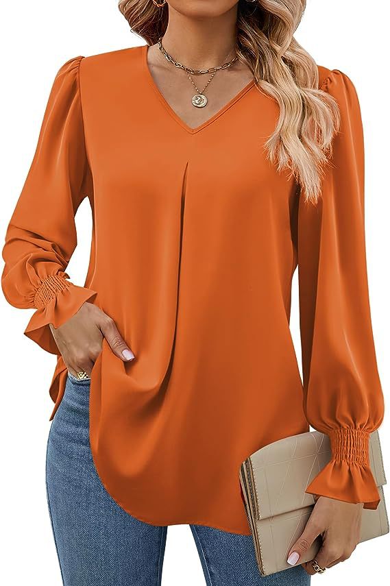 Women's Fashion Casual Solid Color Chiffon Shirt V-neck Long Sleeve Top