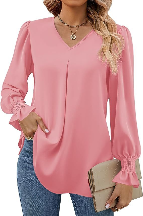 Women's Fashion Casual Solid Color Chiffon Shirt V-neck Long Sleeve Top