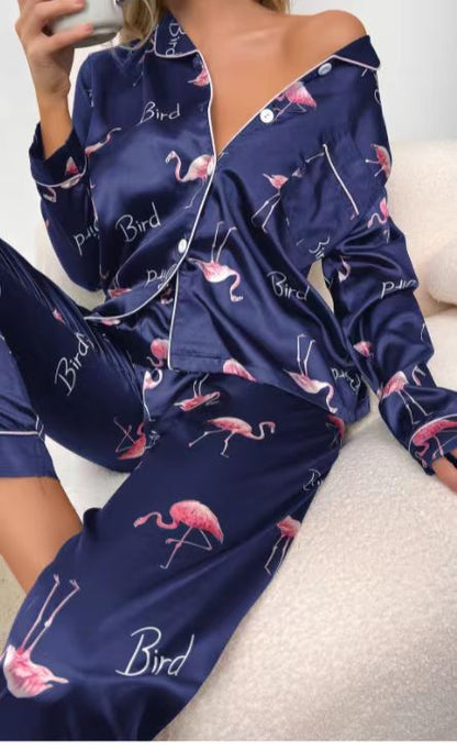 Pajamas Women's Sweet Luxury 5050 Artificial Silk Lapel Long Sleeve Trousers Home Wear Two-piece Suit